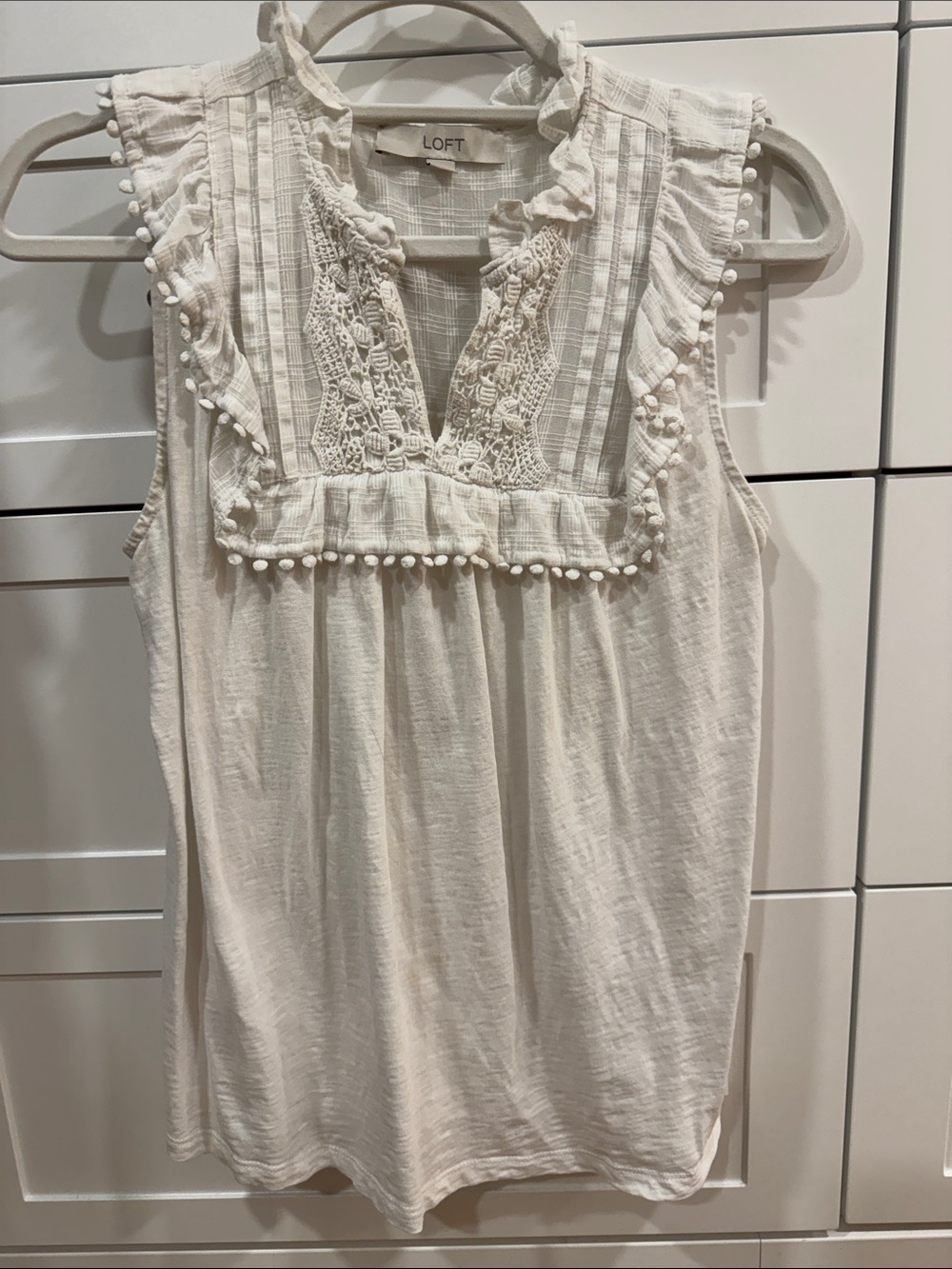 LOFT Cream Crochet Yoke Pom-Pom Sleeveless Top